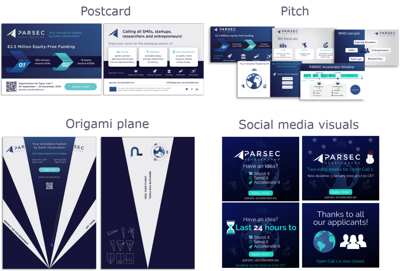 branding of Parsec in use on a postcard, pitch, origami plane, and social media visuals