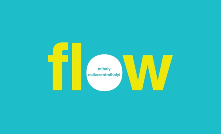 cover of the book Flow by Mihaly Csikszentmihalyi. the image has the word Flow written in yellow letters with a light teal blue background. the letter O is a white circle with the author's name inside in blue letters matching the background.