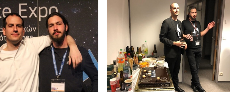 If two pictures could encapsulate the journey Dimitri and I have had over the past ten years, then it would be these: myself and Dimitri at the Space Expo in Athens, April 2015 (left), and celebrating Evenflow’s fifth anniversary pre-pandemic, January 2020 (right). © Evenflow