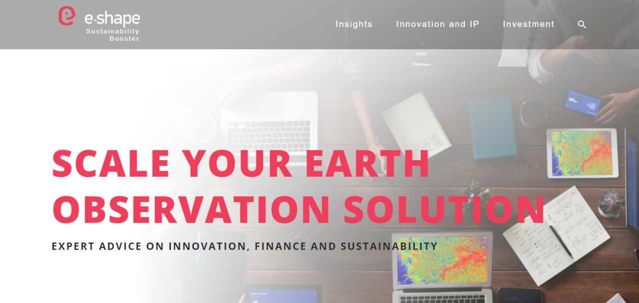 Screenshot of the e-shape home page with the mail heading reading "Scale your earth observation solution" and a subheading reading "expert advice on innovation, finance and sustainability"